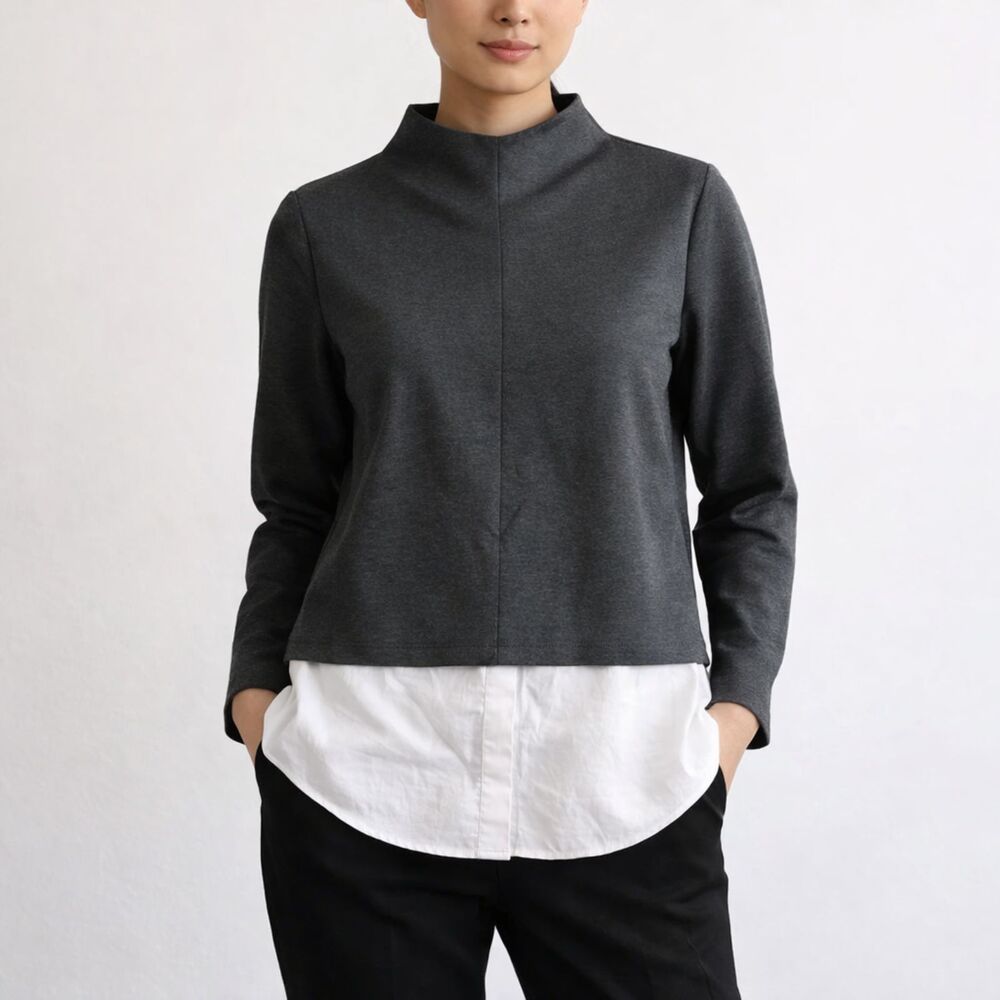 Theory Womens Gracila Layered Shirttail Mock Neck Top Small Gray White Academia